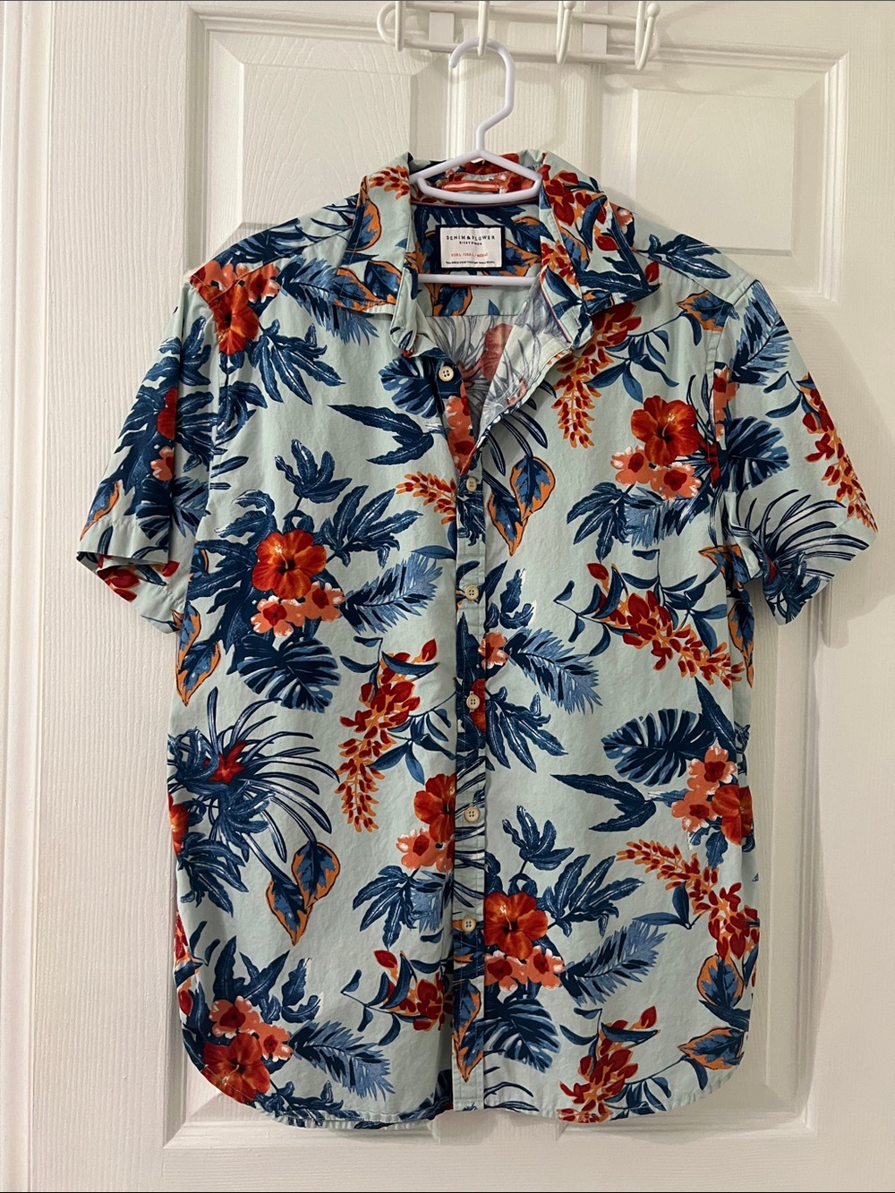Denim & Flower Blue Short-Sleeve Button-Down with Orange Floral Print